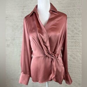 NWT CATHERINE MALANDRINO Faux Wrap Blouse Sz S Rose Side Tie Quiet Luxury Old $